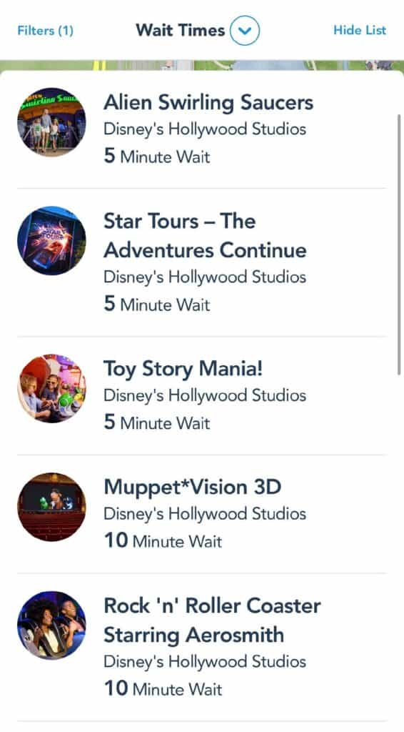 Get up-to-the-minute wait times for Disney's Hollywood Studios attractions! Explore a lineup of rides at Walt Disney World with just 5-10 minute waits, each showcased with attraction photos and names for theme park fans planning their next adventure.