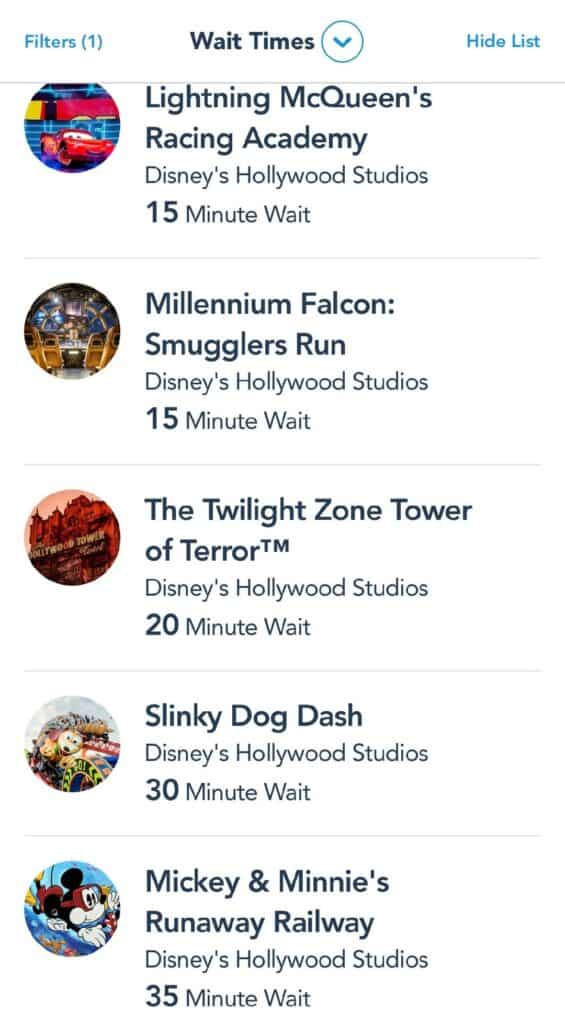 Walt Disney World ride wait times listed alongside each attraction's icon, showing current waits between 15 and 35 minutes for your next magical adventure.