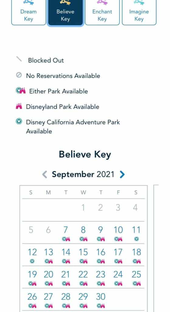 September 2021 calendar highlighting Disneyland reservation options for Believe Key passholders, showcasing the newest updates to the Disney Park Pass System. Keep in mind: reservation availability here may not match what’s offered for Walt Disney World guests.