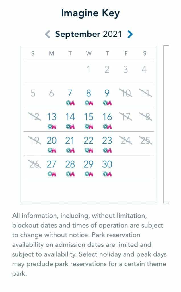 September 2021 Disneyland Park calendar highlighting reserved and blocked dates for Imagine Key passholders, shown through the Disney Park Pass System.