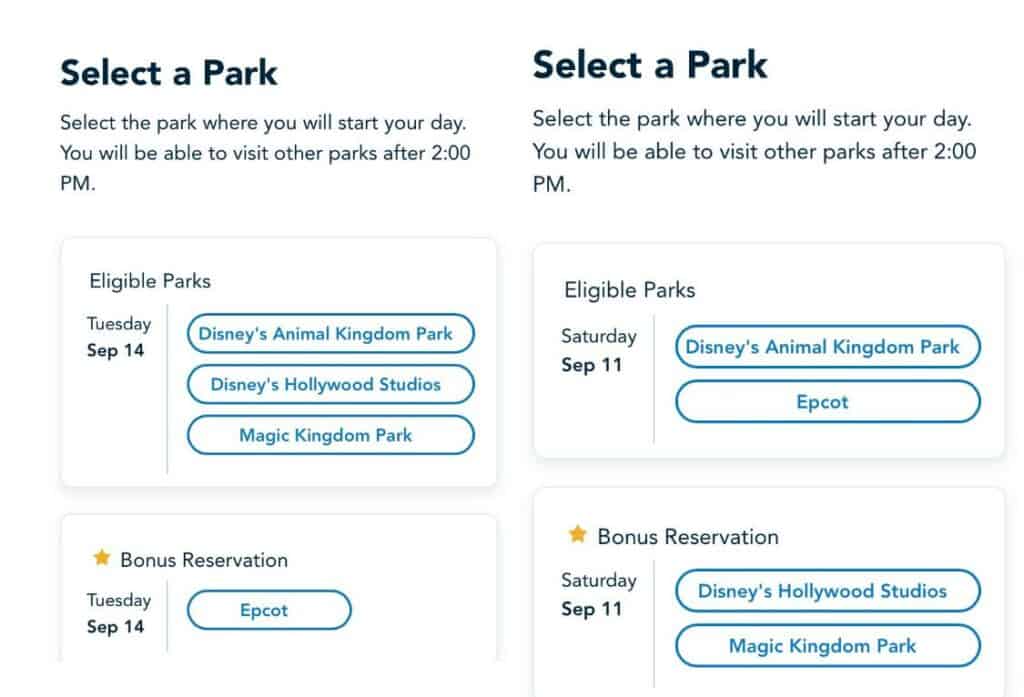 Park reservation selection screen featuring options to pick your favorite Walt Disney World park and date, with special Bonus Reservations for Annual Passholders.