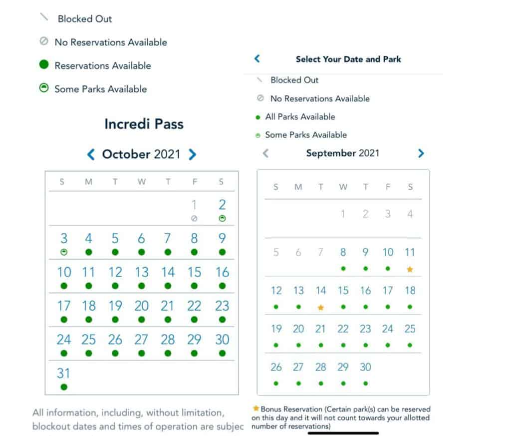 Walt Disney World reservation calendars for Annual Passholders display each day’s availability with colorful green, blue, and gray dots—plus special Bonus Reservation icons—helping fans plan their next magical visit.