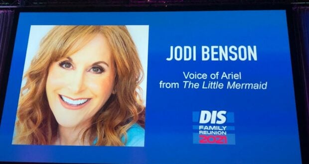 A large display at DIS Family Reunion 2021 features Jodi Benson’s photo alongside text about her legendary performance as Ariel in The Little Mermaid, celebrating fan-favorite highlights from the Jodi Benson Panel.