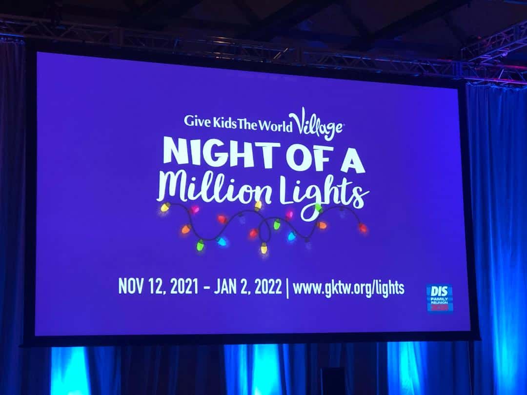 Night of a Million Lights" glows on a dazzling purple event screen, surrounded by festive holiday lights and dates, inviting fans to experience Give Kids the World's premier winter celebration.
