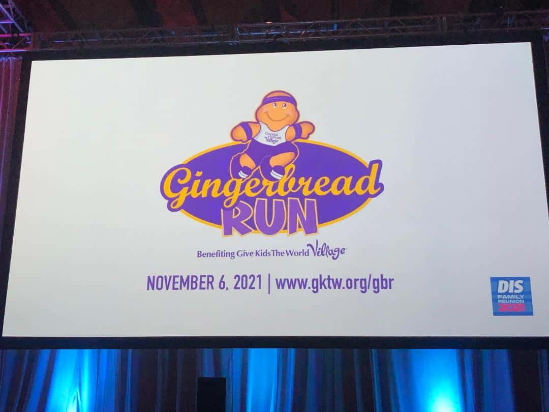 Gingerbread Run logo shines on the screen, highlighting the November 6, 2021 race date and Give Kids the World Village website details for participants eager to support this charitable event in Central Florida’s entertainment community.