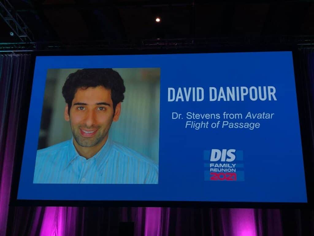 At DIS Family Reunion 2021, a big screen spotlights David Danipour’s headshot and biography, showcasing his role on the Actor Panel and revealing behind-the-scenes stories about fan-favorite theme park attractions.