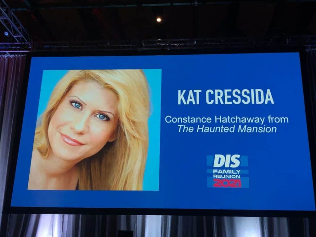Kat Cressida, known for voicing Constance Hatchaway from The Haunted Mansion, at DIS Family Reunion 2021 Actor Panel honoring classic Disney attractions.