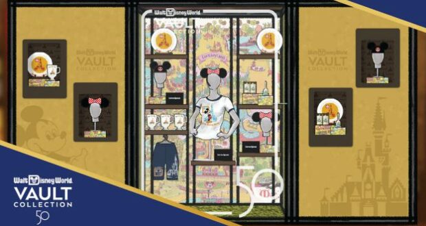 Discover the Disney World Vault Collection display—brimming with nostalgic Walt Disney World merchandise like shirts, mugs, Minnie ears, and charming vintage-inspired collectibles that celebrate classic park magic.