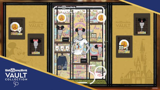 Discover the Disney World Vault Collection display—brimming with nostalgic Walt Disney World merchandise like shirts, mugs, Minnie ears, and charming vintage-inspired collectibles that celebrate classic park magic.