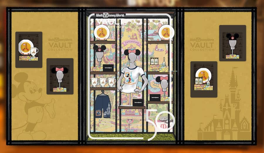 Disney World Vault Collection display featuring iconic Minnie ears, collectible mugs, vintage-inspired shirts, and exclusive merchandise arranged on a themed wall—an immersive shopping destination for fans and park-goers craving classic Disney nostalgia.