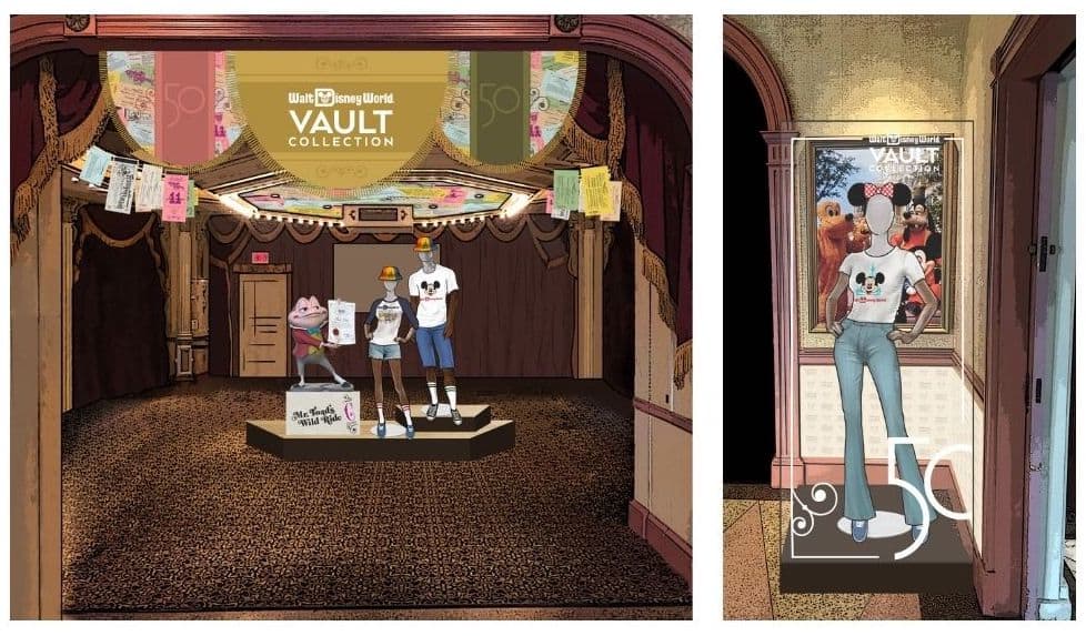 Disney Vault Collection display featuring mannequins dressed in exclusive themed apparel, set in an immersive Walt Disney World-inspired environment designed to evoke nostalgia and magic for fans, all within a beautifully adorned retail space offering one-of-a-kind shopping experiences.