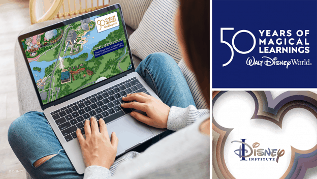 A Disney World fan browses a laptop featuring a detailed park map, delving into Magical Learnings at the Disney Institute. On the side, vibrant Walt Disney World Resort 50th anniversary graphics add extra magic to the experience.