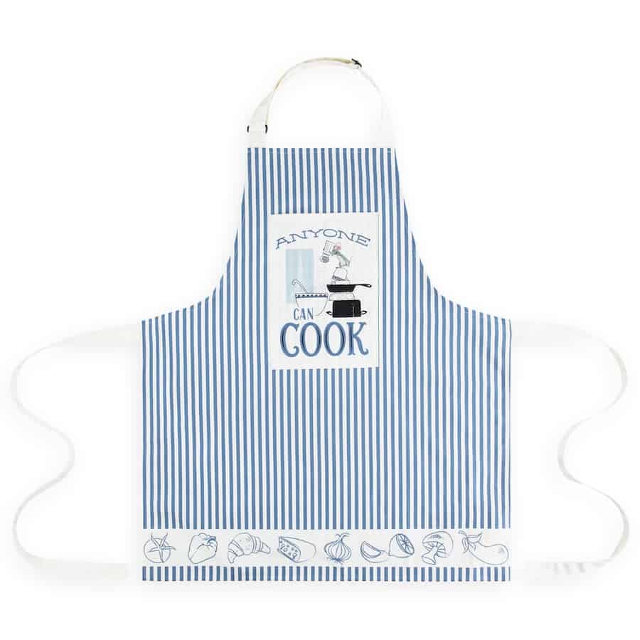 Blue and white striped apron featuring “Anyone Can Cook” and playful kitchen utensil illustrations, inspired by Remy’s Ratatouille Adventure at EPCOT. The whimsical chef hat motif brings a touch of Pixar magic to your culinary adventures, perfect for fans looking to add Disney flair to their home kitchen.