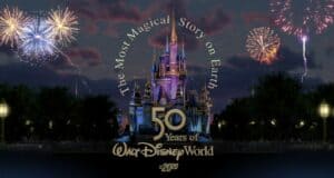 Cinderella Castle illuminated at night with dazzling fireworks, celebrating 50 Years of Walt Disney World in 2021; the image highlights an epic anniversary event honoring the magic and rich tradition that make Disney Parks legendary.