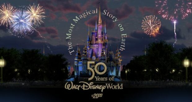 Cinderella Castle illuminated at night with dazzling fireworks, celebrating 50 Years of Walt Disney World in 2021; the image highlights an epic anniversary event honoring the magic and rich tradition that make Disney Parks legendary.