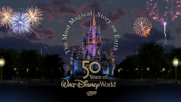 Cinderella Castle illuminated at night with dazzling fireworks, celebrating 50 Years of Walt Disney World in 2021; the image highlights an epic anniversary event honoring the magic and rich tradition that make Disney Parks legendary.