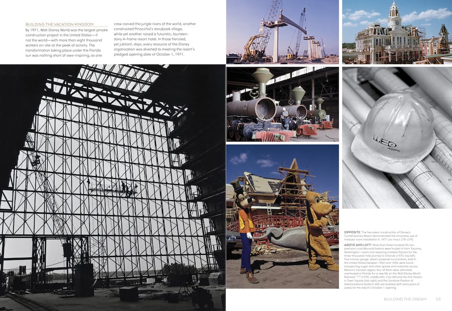 Collage highlighting Disney World’s 50th anniversary, featuring construction scenes with hard hats, cranes, and pipes surrounded by beloved Disney characters like Mickey Mouse celebrating near iconic park structures, evoking memories from five decades of magic.