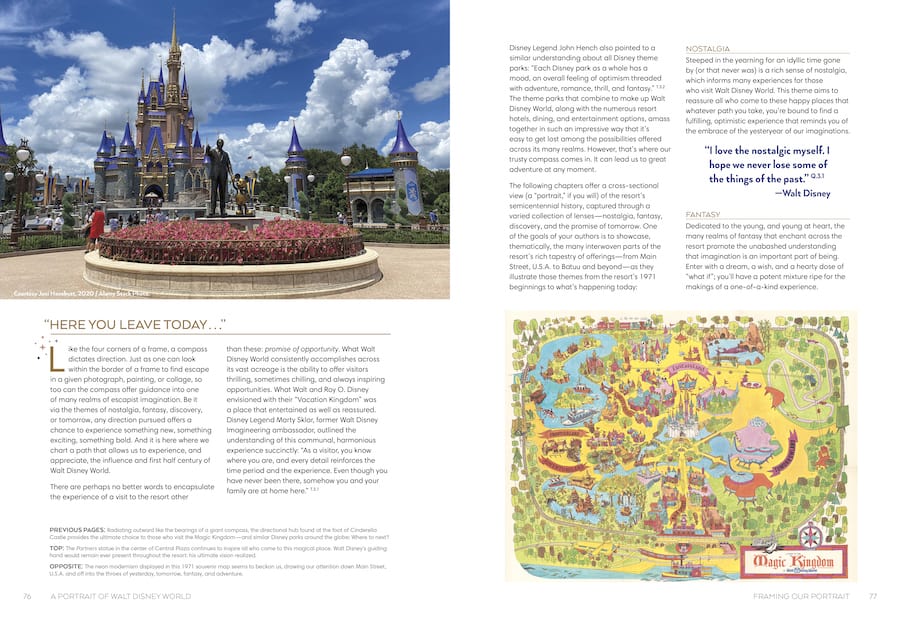 Cinderella Castle stands proudly at the heart of Walt Disney World, surrounded by guests soaking in the excitement, with a vibrant illustrated map highlighting all the attractions and lands of Magic Kingdom—celebrating five decades of unforgettable Disney adventures.