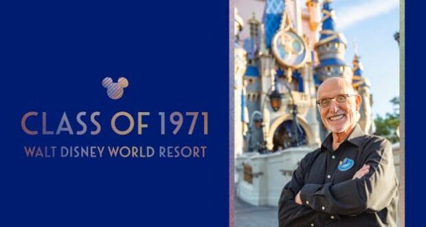 A longtime Disney Cast Member beams with arms crossed in front of Cinderella Castle at Walt Disney World, standing beside a "Class of 1971" sign and celebrating 50 magical years of bringing happiness to guests.