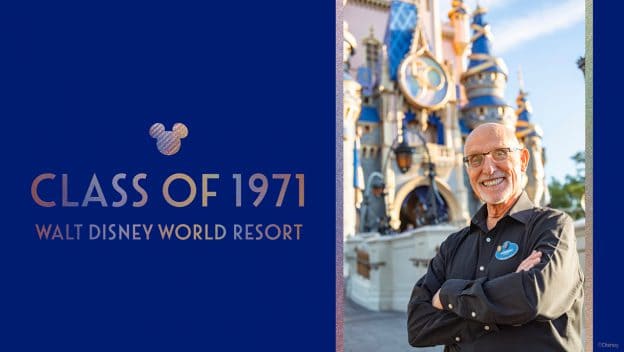 A longtime Disney Cast Member beams with arms crossed in front of Cinderella Castle at Walt Disney World, standing beside a "Class of 1971" sign and celebrating 50 magical years of bringing happiness to guests.