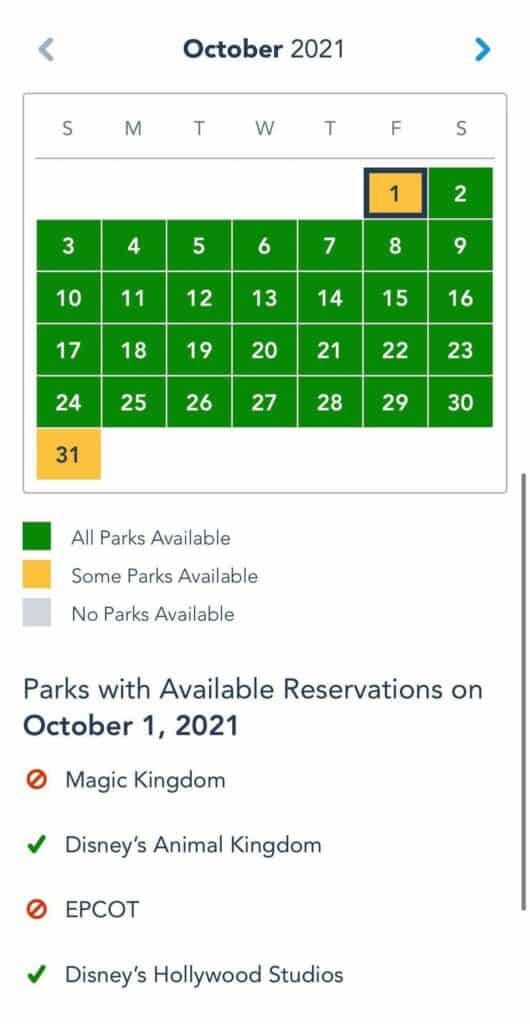 October 2021 Disney Park Pass calendar showing reservation availability; the entire grid lights up green for October 1, inviting fans to kick off Walt Disney World’s 50th Anniversary celebration with access to all four parks and enjoy shorter lines throughout the day.