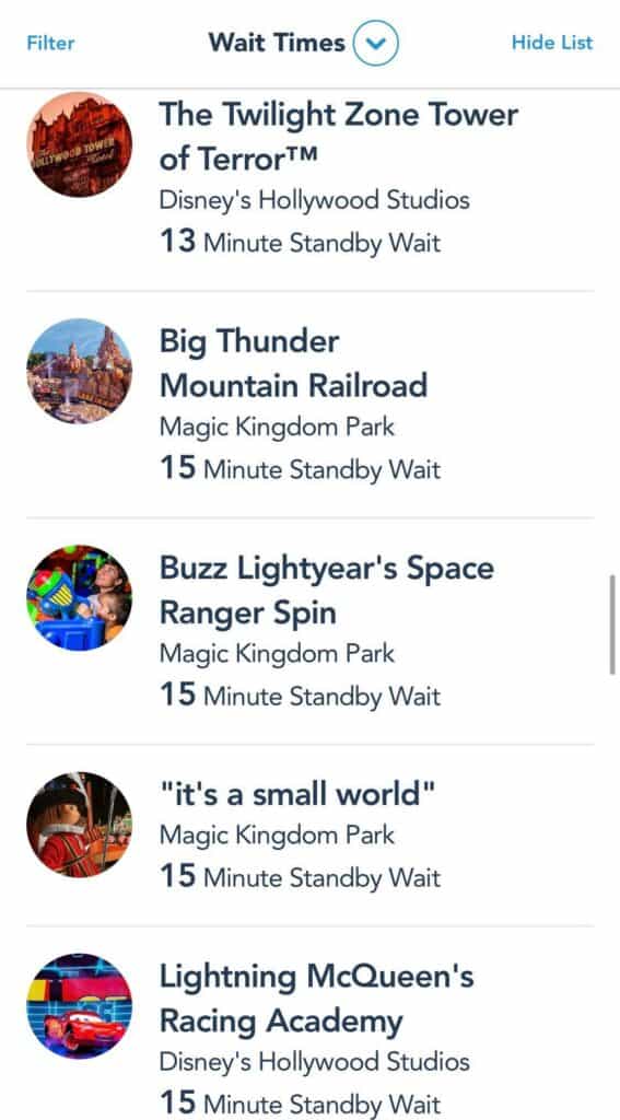 Disney attractions display 13 or 15 minute standby waits early in the day, with each ride featured alongside its photo. Ideal for fans and thrill-seekers hoping to enjoy short lines during the park’s 50th Anniversary festivities.