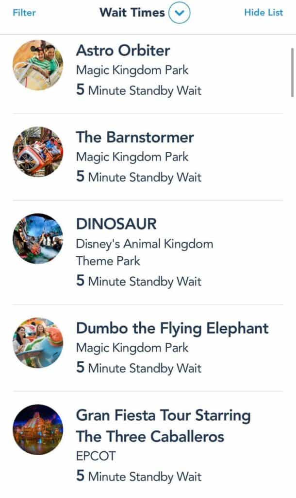 Disney park rides lineup, each boasting a 5-minute standby wait—ideal for thrill-seekers eager to experience more attractions with minimal lines during early park hours.