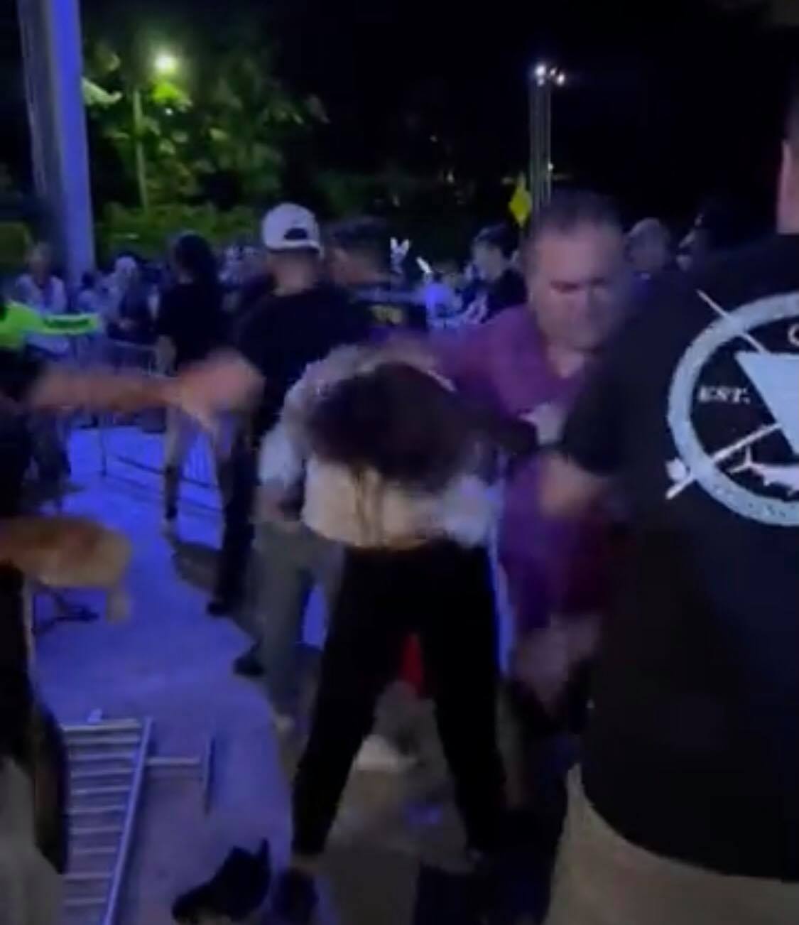 Guests look on as Universal Orlando security intervenes during a sudden altercation near a metal barricade at Halloween Horror Nights, containing the situation amid the nighttime festivities.