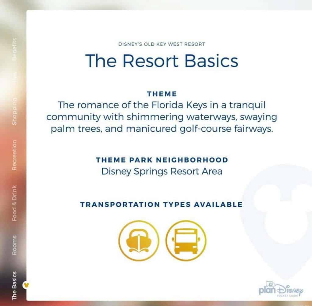 Pocket guide for Disney’s Old Key West Resort highlighting its tropical theme, park location, and transportation options, designed in vibrant blue and gold text—a must-have reference for Disney fans and park guests inspired by planDisney.