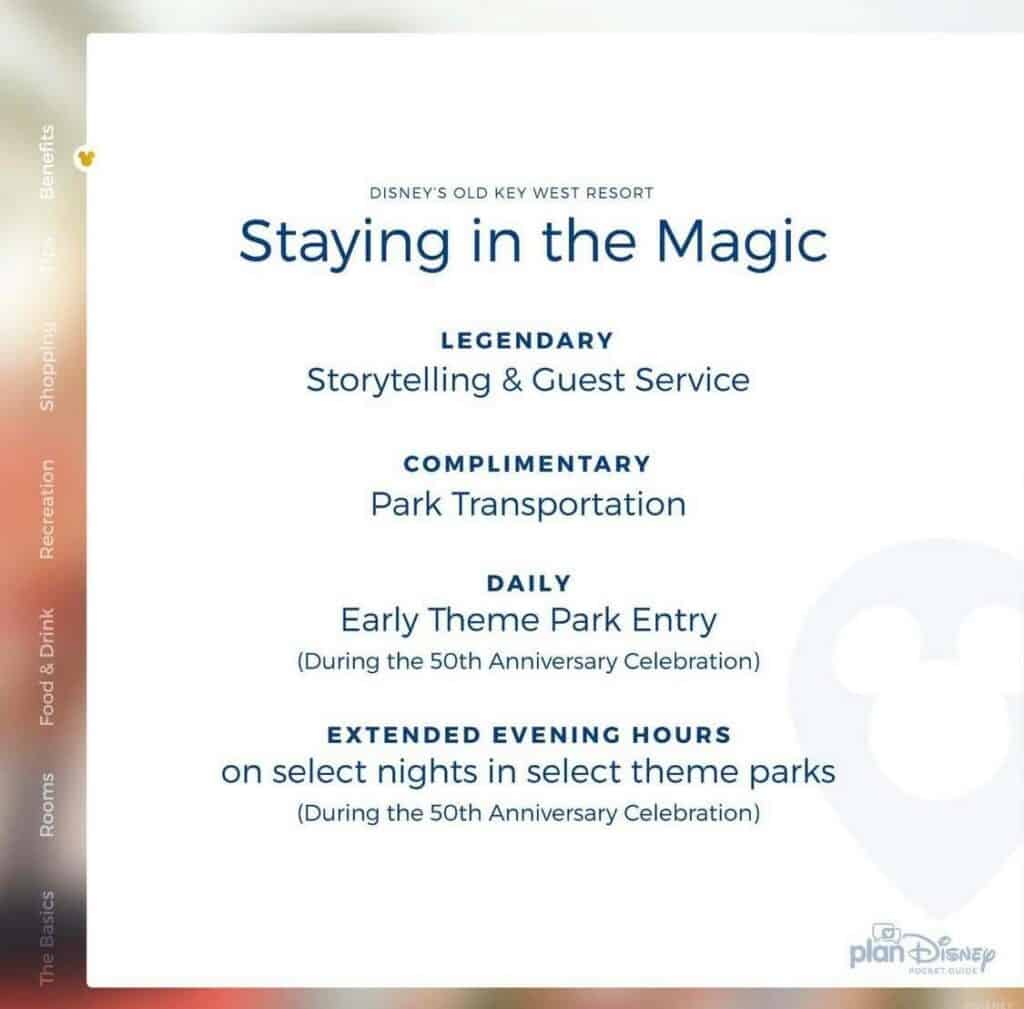 Infographic Pocket Guide highlights perks at Disney’s Old Key West Resort, featuring guest services, convenient Walt Disney World transportation options, and Extra Magic Hours for park entry—your fast-track resource from planDisney.