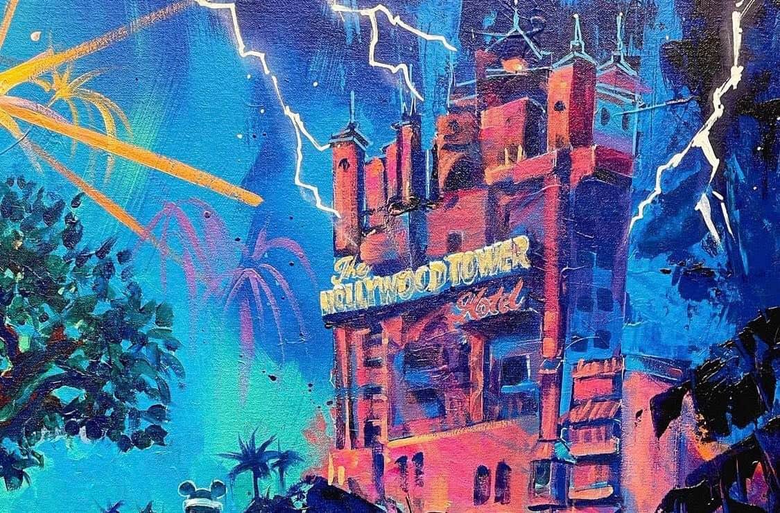 The Hollywood Tower Hotel at Walt Disney World shines against a dazzling night sky filled with fireworks and bursts of lightning, marking the resort’s 50th Anniversary celebration with vibrant energy.