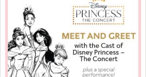 Black and white image of four Disney Princesses with promotional text for a special meet and greet at Disney Princess – The Concert. Guests are invited to join the cast of Disney Princess the Concert for a magical experience.