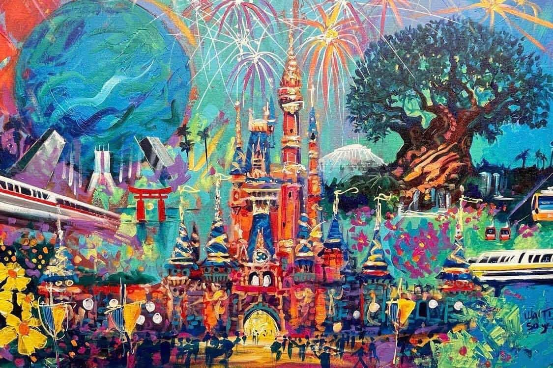 Vivid artwork showcasing beloved Walt Disney World park icons, iconic monorails gliding past lush landscapes, and dazzling fireworks that capture the electrifying excitement and magical celebration of Disney World's 50th Anniversary.