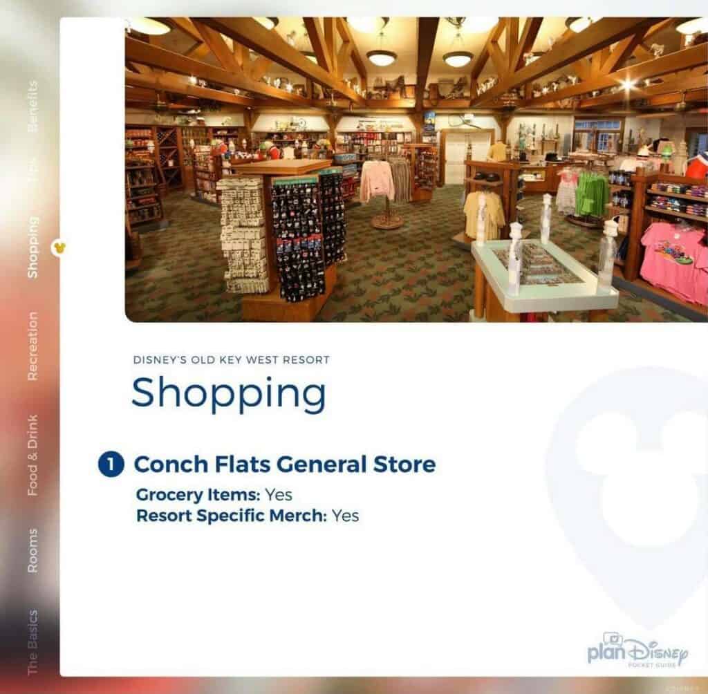 Browse a bright and welcoming shop at Disney’s Old Key West Resort, filled with exclusive Disney merchandise, apparel, and groceries beneath charming wooden beams and warm lighting—perfect for picking up magical souvenirs or essentials as recommended in the planDisney Pocket Guide.