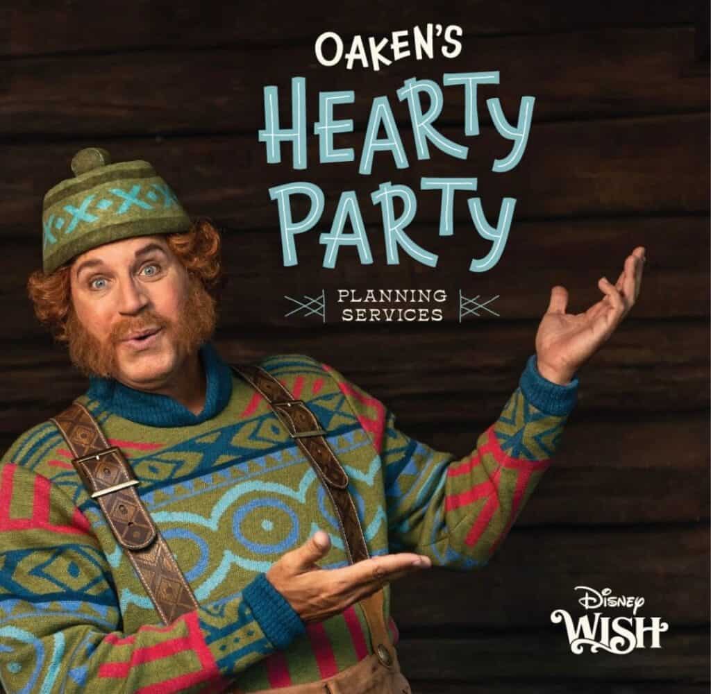 Oaken, dressed in his signature vibrant sweater and hat, enthusiastically gestures beside signage promoting “Oaken’s Hearty Party” event planning, inspired by the Frozen Dining Adventure on the Disney Wish.