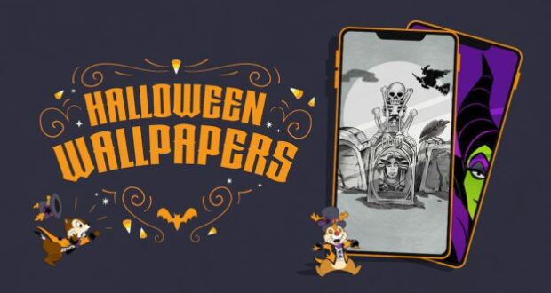 The text “Halloween Wallpapers” appears surrounded by cartoon Disney characters and two smartphones displaying festive, spooky Halloween scenes—ideal for Disney Parks enthusiasts seeking magical wallpaper designs inspired by their favorite resorts and beloved characters.