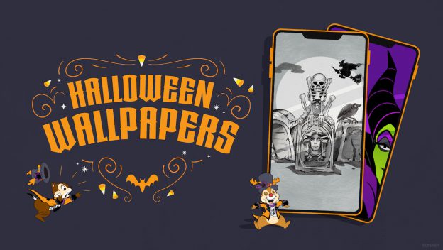 The text “Halloween Wallpapers” appears surrounded by cartoon Disney characters and two smartphones displaying festive, spooky Halloween scenes—ideal for Disney Parks enthusiasts seeking magical wallpaper designs inspired by their favorite resorts and beloved characters.
