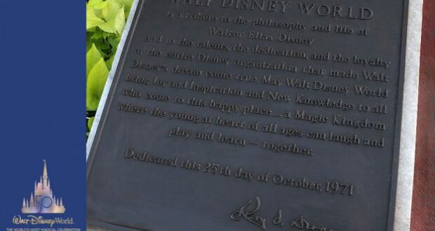 A commemorative plaque at Walt Disney World, dedicated by Roy O. Disney on October 25, 1971, celebrates Walt Disney’s imagination and legacy, honoring the magical memories and dreams sparked for Disney fans across generations.
