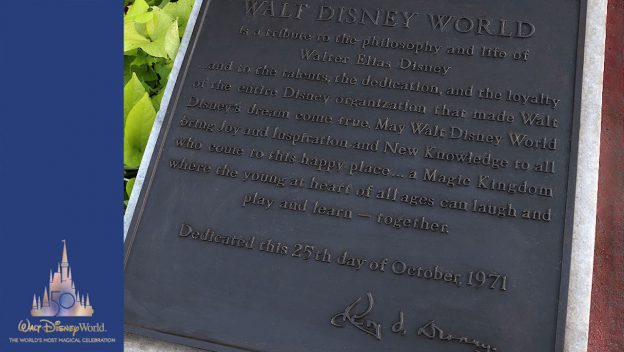 A commemorative plaque at Walt Disney World, dedicated by Roy O. Disney on October 25, 1971, celebrates Walt Disney’s imagination and legacy, honoring the magical memories and dreams sparked for Disney fans across generations.