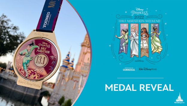 Disney Princesses grace a medal displayed in front of Cinderella Castle; an event poster features four princesses, highlights race information, and showcases the newest runDisney medals unveiled for the celebration.