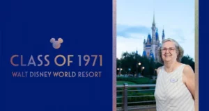 A proud Disney Cast Member alumna beams in a white top beside the iconic Cinderella Castle at Walt Disney World, showing off her "Class of 1971" badge as she celebrates decades of Disney magic.
