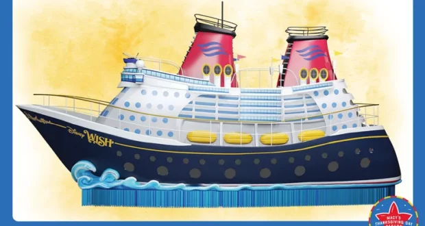 Disney Wish cruise ship float from Disney Cruise Line sails through Macy’s 2021 Thanksgiving Day Parade against a vibrant yellow backdrop, evoking the magic and excitement fans love from Disney festivities.
