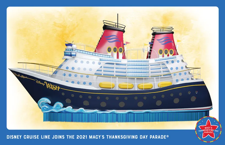 Disney Wish cruise ship float from Disney Cruise Line sails through Macy’s 2021 Thanksgiving Day Parade against a vibrant yellow backdrop, evoking the magic and excitement fans love from Disney festivities.