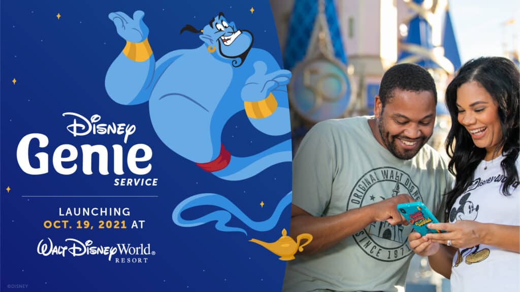 Disney Genie poster featuring the iconic Genie and two happy guests on their phones at Walt Disney World Resort, marking the launch of Disney Genie on October 19th.