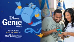 Disney Genie poster featuring the iconic Genie and two happy guests on their phones at Walt Disney World Resort, marking the launch of Disney Genie on October 19th.