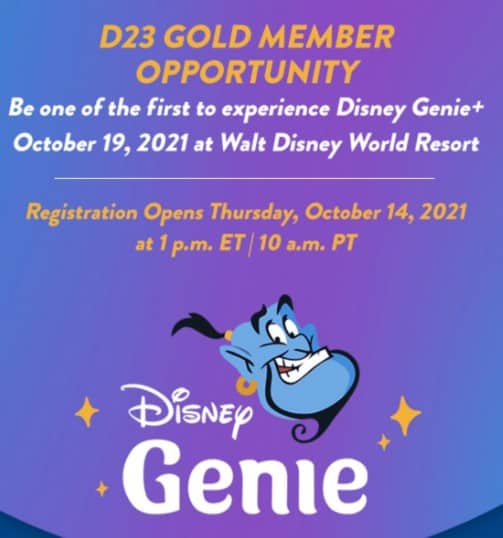 Vibrant purple Disney Genie+ promotion featuring the animated Genie, highlighting must-see Disney park events and special registration details for D23 Gold Members, with exclusive access to limited-time Disney promotions and Genie+ deals for the ultimate theme park experience.