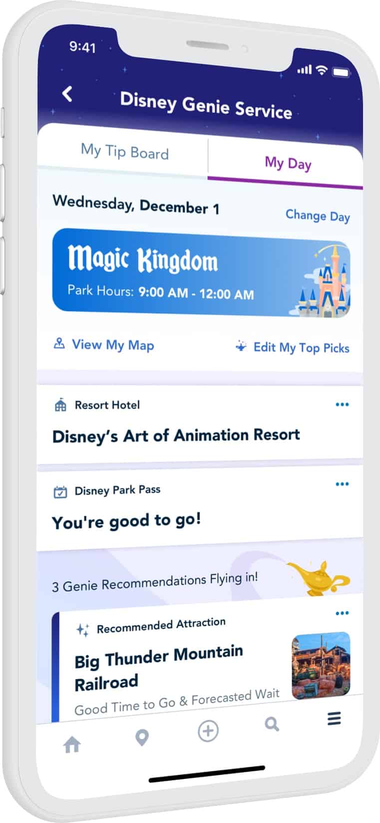 Disney Genie Service app debut displayed on a smartphone screen, highlighting Magic Kingdom tips and personalized recommendations for guests on October 19th.