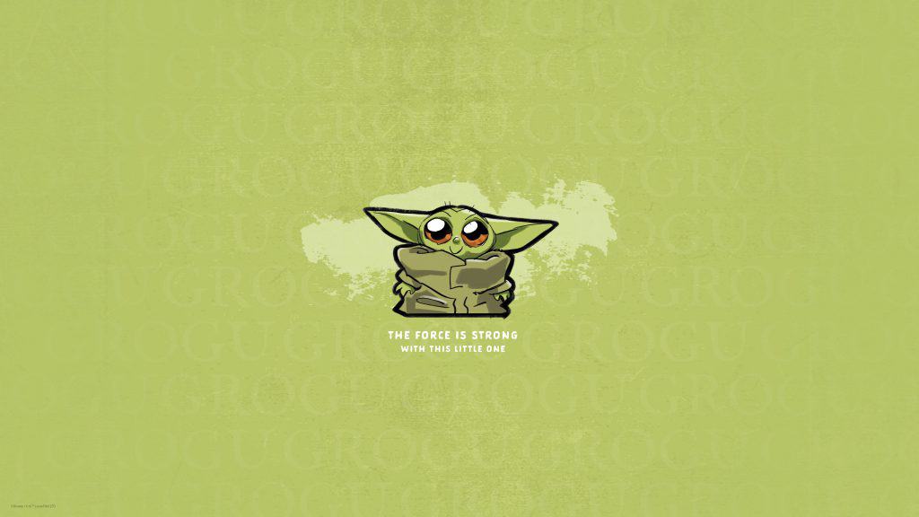 Baby Yoda with oversized eyes and the phrase "The force is strong with this little one" on a vibrant green backdrop, capturing both Star Wars magic and playful Muppets Haunted Mansion appeal—ideal for fans wanting a whimsical Disney Parks-inspired wallpaper for their devices.