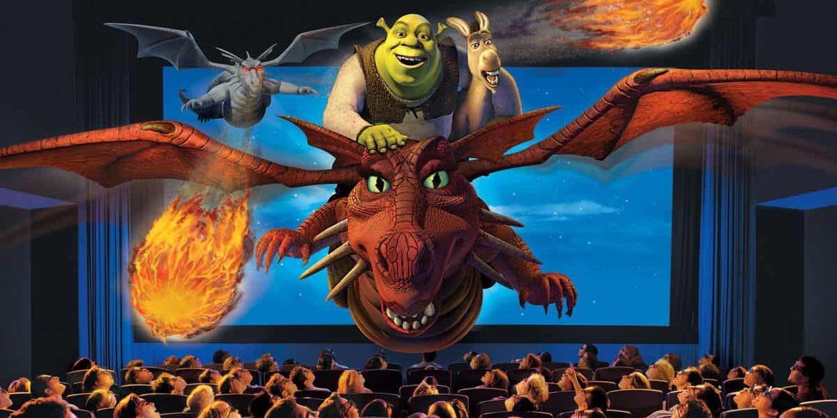Shrek and Donkey fly over a crowd on the back of Dragon