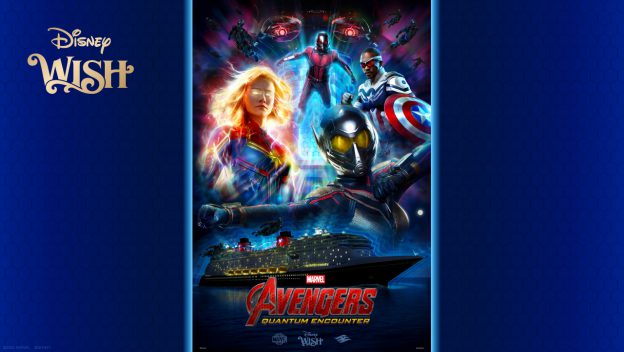 Step into the excitement as Marvel superheroes fly high above the Disney Wish cruise ship, set off by vibrant "Avengers: Quantum Encounter" and "Disney Wish" logos on a bold blue backdrop—an epic scene perfect for those eager to experience Marvel adventures at sea.